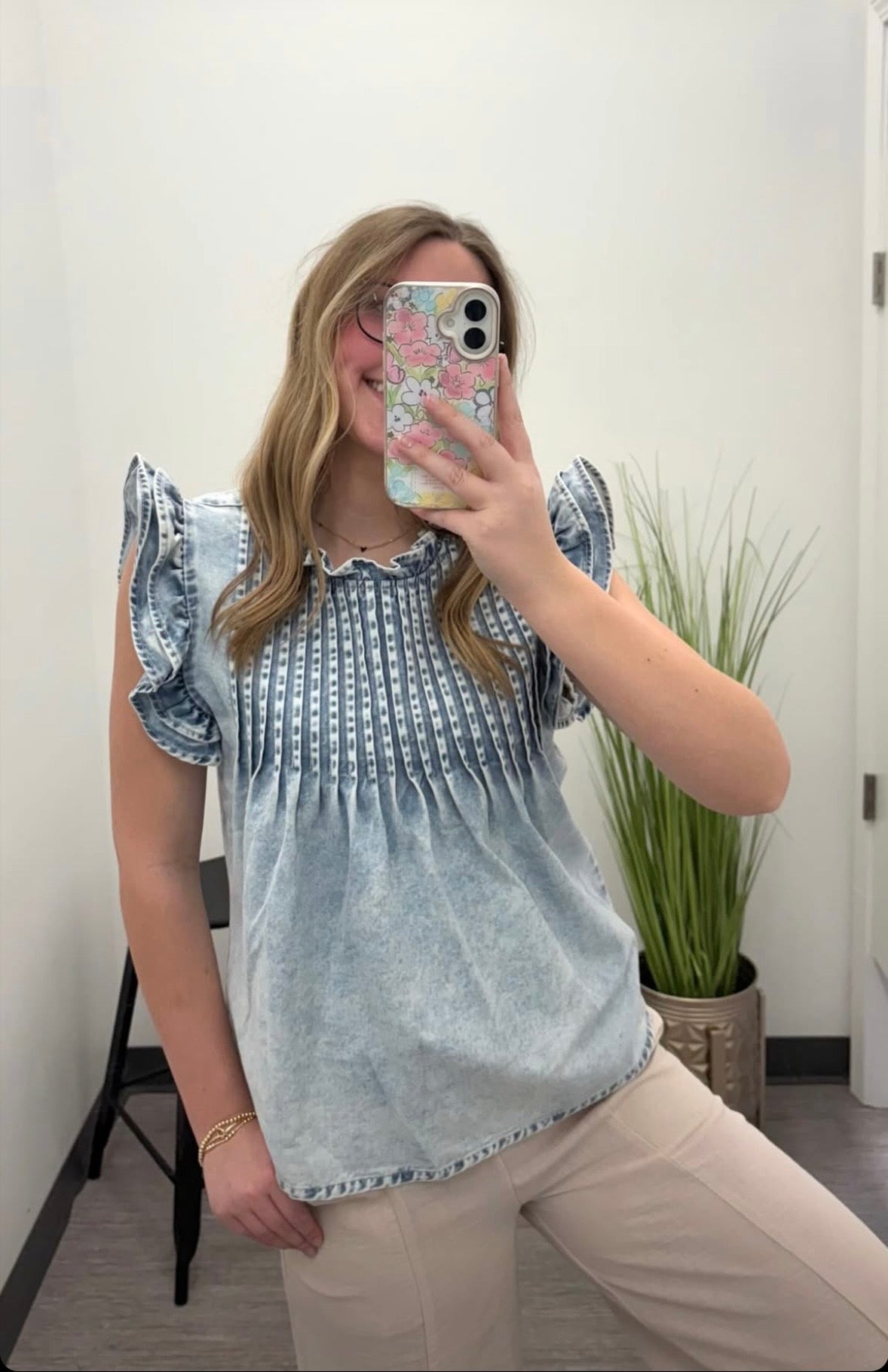 Vintage Washed Denim Ruffle Pleated Top