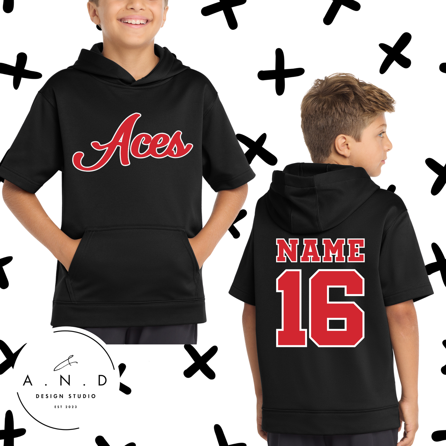 Aces- Fleece Short Sleeve Hooded Pullover (name & number)