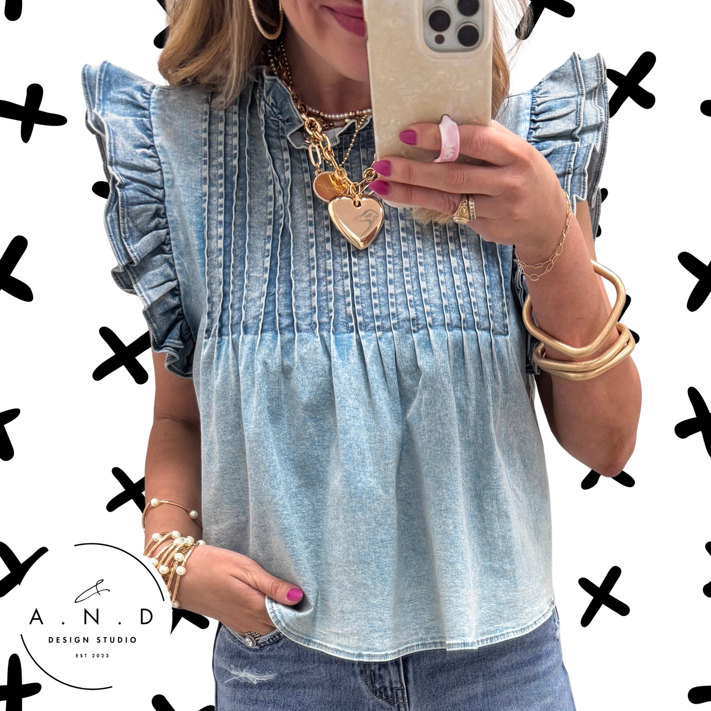 Vintage Washed Denim Ruffle Pleated Top