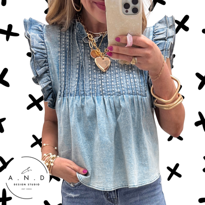 Vintage Washed Denim Ruffle Pleated Top