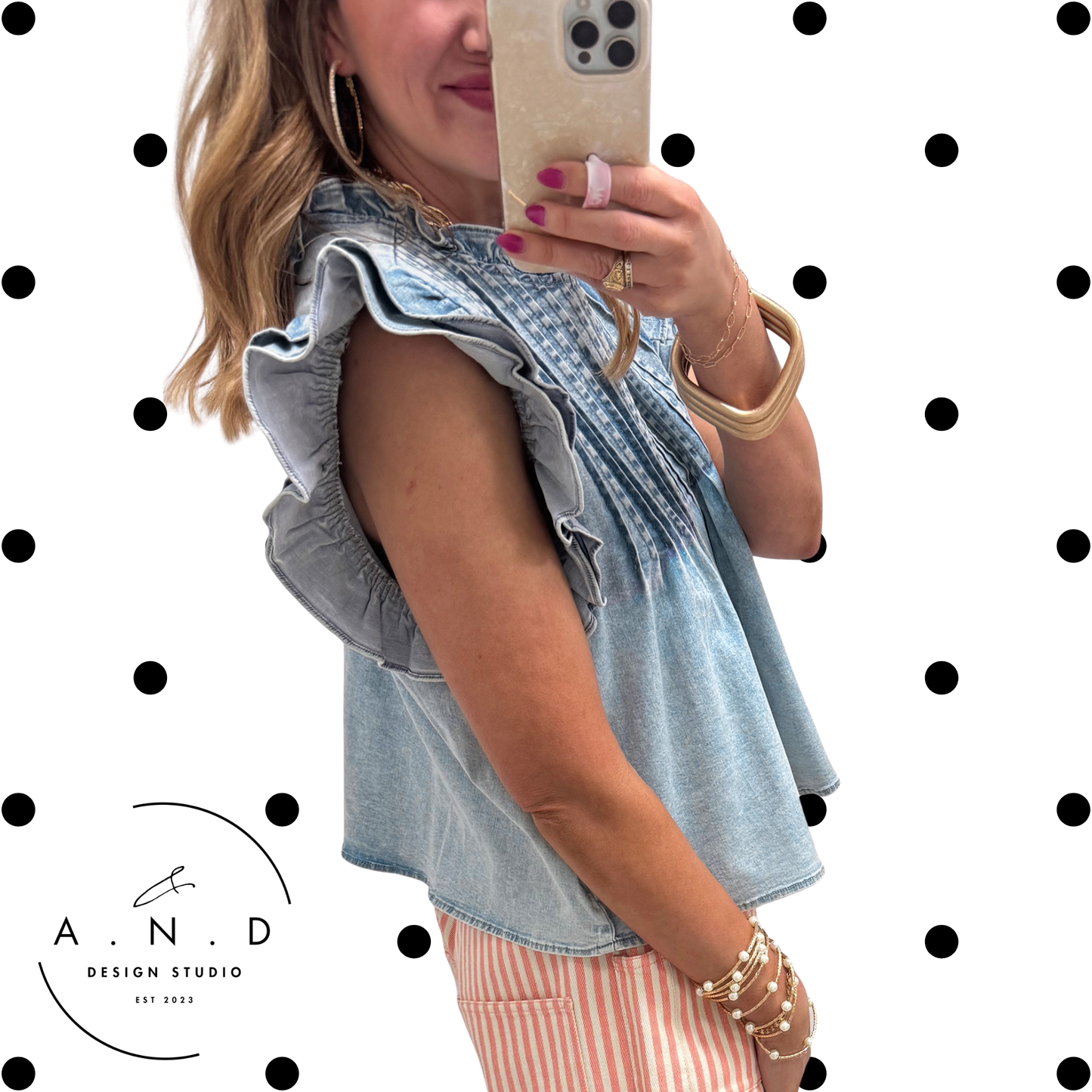 Vintage Washed Denim Ruffle Pleated Top