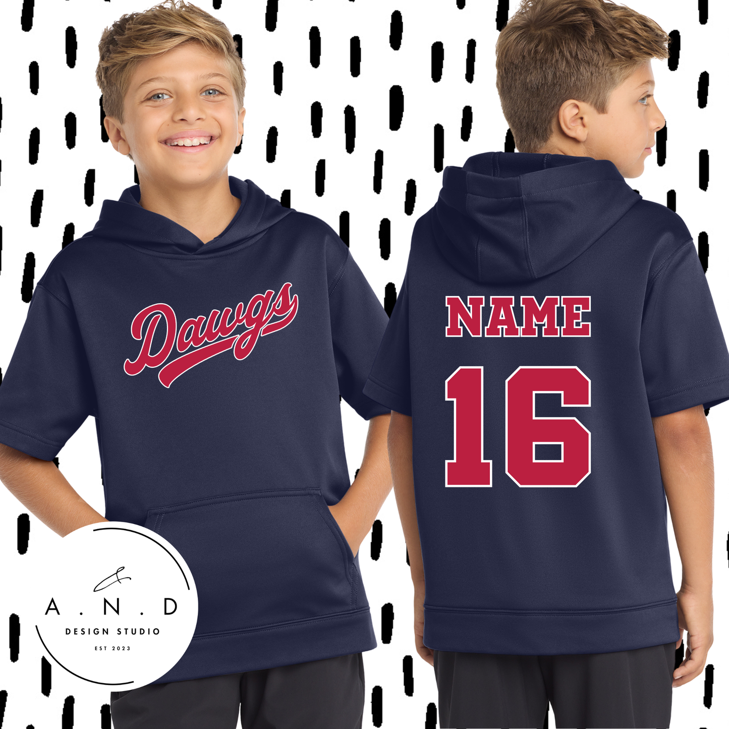 Dawgs- Fleece Short Sleeve Hooded Pullover (name & number)