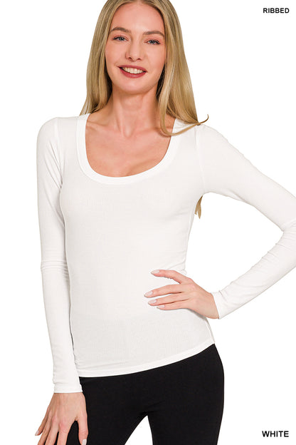 Zenana RIBBED BOAT NECK LONG SLEEVE T-SHIRTS