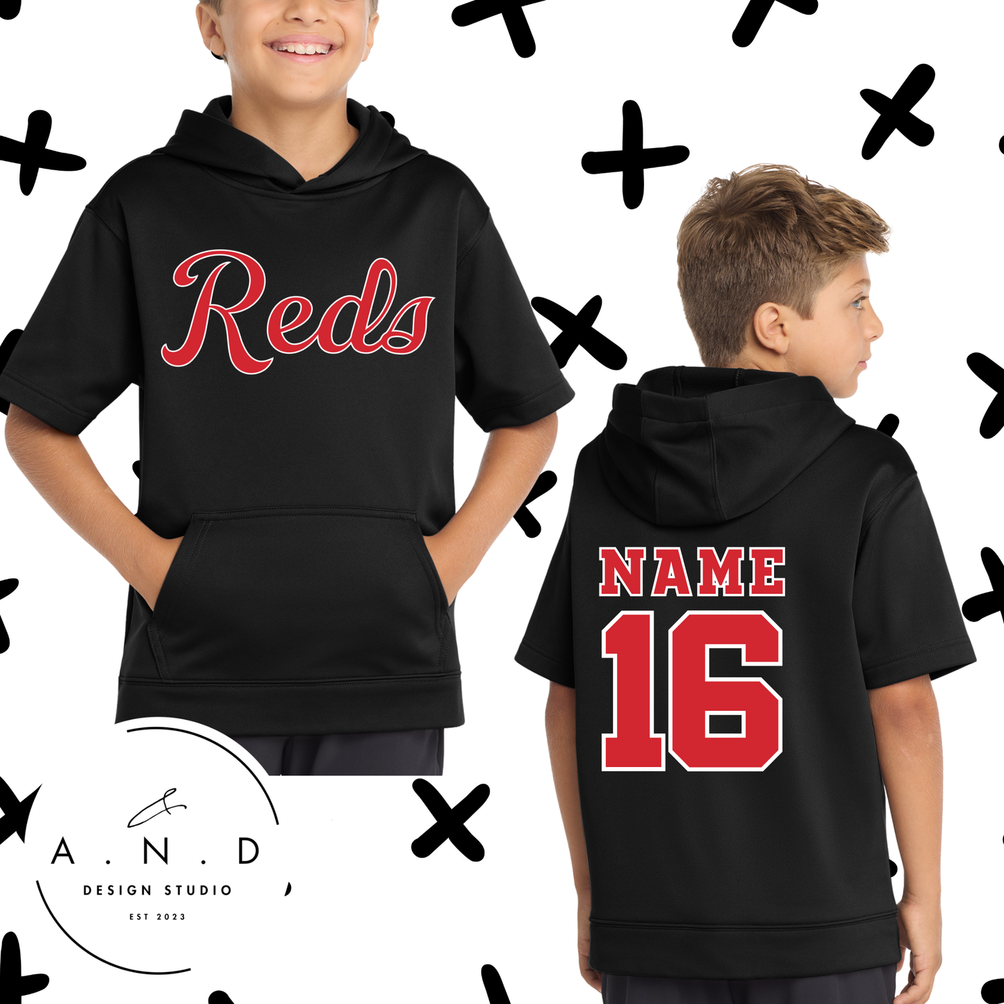 Reds- Fleece Short Sleeve Hooded Pullover (name & number)
